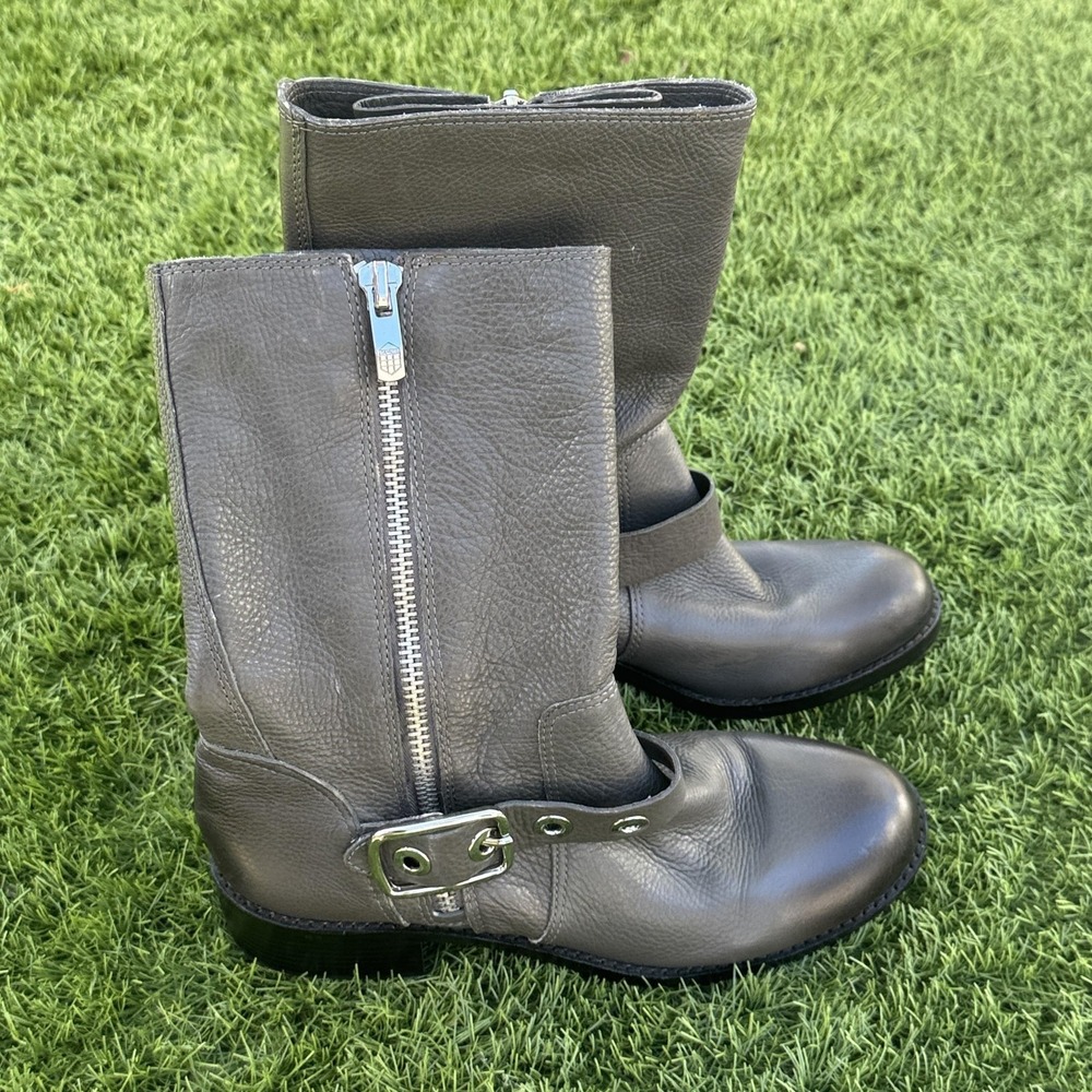 Vince Camuto Boots Womens Size 10 Gray Leather Moto Mid Calf Buckle Zip Lug Sole